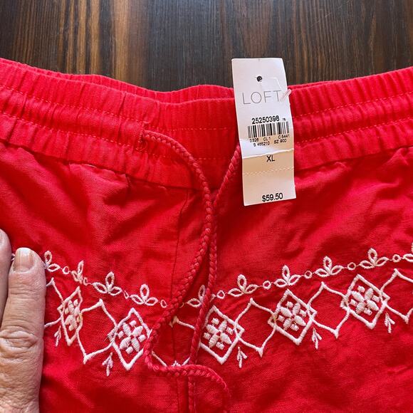 NWT Loft Linen Blend Pull On Elastic Waist Embroidered Shorts W/Tassel Ties XL - Picture 3 of 12